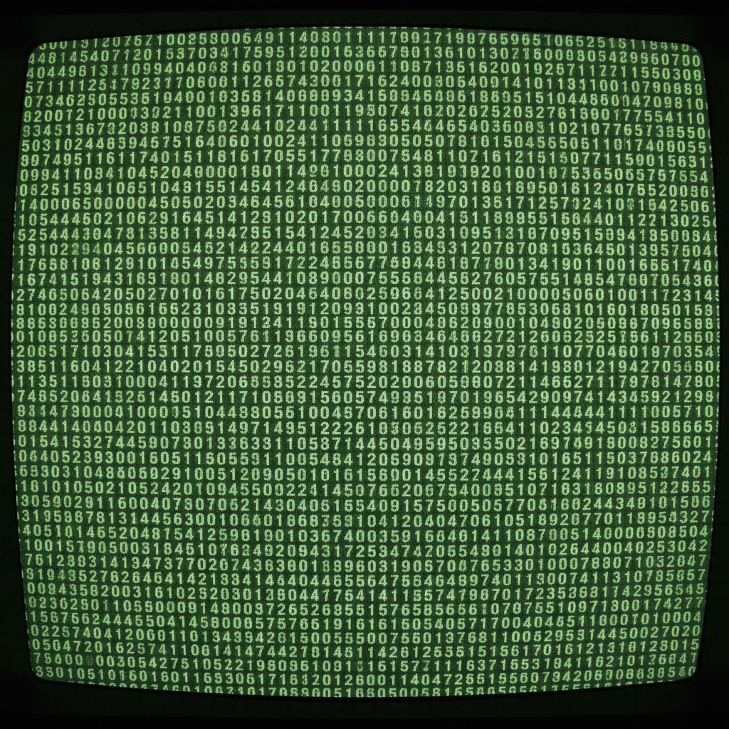 Green computer code scrolls down a vintage curved monitor.